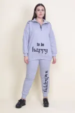 Kadın Gri Pat Fermuar Detaylı Şardonlu Baskılı Eşofman Takım 65N21019