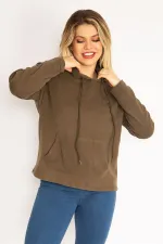 Kadın Haki Kapşonlu Kanguru Cep Polar Sweatshirt 26A35074