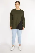 Kadın Büyük Beden Haki Renk Kombinli Uzun Kollu Tunik