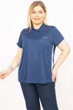 Kadın Lacivert Büyük Beden Polo Yakalı Yan Şeritli Spor Bluz 65N35771