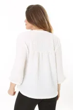 Kadın Büyük Beden Kemik Kendinden Desenli Gofre Kumaş Yaka Bağcıklı Kapri Kollu Bluz 65N37579