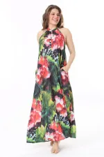 Kadın Büyük Beden Renkli Halter Yakalı Ön Patı Düğmeli Astarsız Krep Şifon Elbise 65N37986