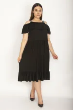 Kadın Siyah Karmen Yaka Eteği Volanlı Askılı Elbise 65N26476
