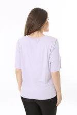 Kadın Büyük Beden Lila Yaka Detaylı Kısa Kollu Bluz 65N37852