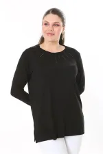 Kadın Büyük Beden Siyah Taş Ve Arka Robası Dantel Detaylı Uzun Kollu Bluz 65N37694