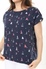 Kadın Büyük Beden Lacivert Pamuk Kumaş Etek Ucu Lastikli Düşük Kollu Bluz 65N37895