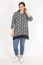 Kadın Lacivert Büyük Beden Etek Ucu Şifon Garnili Tunik