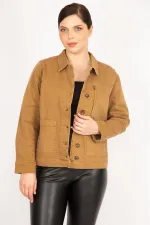 Women's Tan Plus Size Gabardine Fabric Front Button Zipper and Pocket Detailed Coat