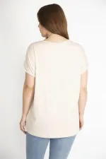 Kadın Yeşil Büyük Beden Ön Desenli Düşük Kollu Bluz