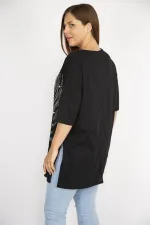 Kadın Büyük Beden Siyah Taş Ve İnci İşli Bisiklet Yakalı Yan Yırtmaçlı Bluz