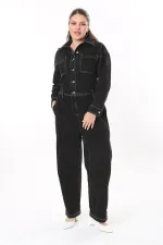 Kadın Büyük Beden Siyah Kontrast Dikişli Metal Düğmeli Kot Tulum 65N37723