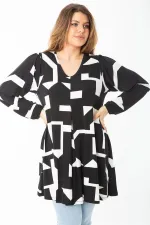 Kadın Büyük Beden Siyah Önü A Pileli V Yakalı Uzun Kollu Tunik 65N37437