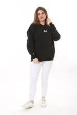 Kadın Büyük Beden Siyah Pamuk Kumaş Arka Baskılı Sweatshirt 65N37618