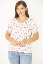 Kadın Büyük Beden Kemik Pamuk Kumaş Bisiklet Yakalı Desenli Bluz 65N36922