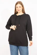 Kadın Siyah Büyük Beden Yan Fermuar Yırtmaçlı Yakası Kuşgözü Detaylı Sweatshirt 65N35638