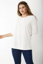 Kadın Büyük Beden Kemik Pamuklu Kumaş Pile Detaylı Kapri Kollu Bluz 65N37225