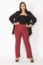 Kadın Bordo Kendinden Çizgili Strech Geniş Paçalı Pantolon 65N28669