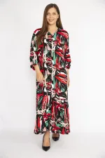 Kadın Renkli Büyük Beden Dokuma Viskon Kumaş Ön Düğmeli Etek Ucu Katlı Uzun Kollu Elbise