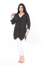 Kadın Büyük Beden Siyah Göğüs Büzmeli Puan Desenli Kapri Kollu Bluz 65N37949