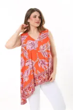 Kadın Büyük Beden Renkli Asimetrik Kesim V Yakalı Renkli Kolsuz Bluz 65N37593