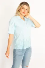 Kadın Haki Polo Yaka Pat Düğmeli Sim Ve Taş Detaylı Bluz 65N34521