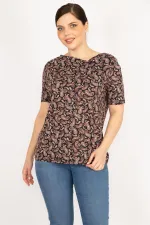 Kadın Renkli Büyük Beden Şal Desenli Yaka Detaylı Bluz