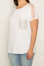 KADIN KEMİK OMUZLARI TÜL VE PETO CEBİ TAŞ DETAYLI VİSKON BLUZ