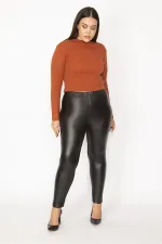 Women's Black Faux Leather Front Coated Viscose Fabric Back Leggings Trousers 65N30030