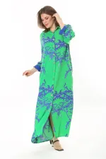 Kadın Büyük Beden Mavi Ön Boy Düğmeli Gömlek Yakalı Uzun Elbise 65N37875