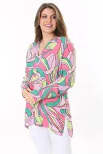 Kadın Büyük Beden Renkli Dokuma Viskon Kumaş Yan Yırtmaçlı V Yakalı Tunik 65N37789