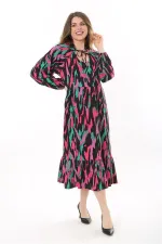 Kadın Büyük Beden Renkli V Yakalı Bürümcük Kumaş Uzun Kollu Katlı Elbise 65N37621