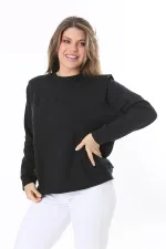 Women's Plus Size Black Shoulder Detailed Front Printed Sweatshirt 65N38050
