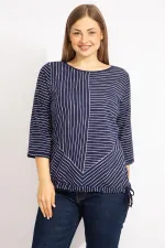 Kadın Lacivert Büyük Beden Pamuklu Kumaş Çizgi Kombinli Bluz 65N35571