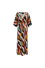 Kadın Büyük Beden Renkli, Ön Gipe Lastik Detaylı Yarasa Kol, Desenli Uzun Elbise 65N38811