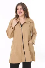 Kadın Büyük Beden Camel Keten Dokuma Ön Fermuar Ve Cepli Astarsız Ceket 65N37787