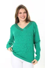 Kadın Büyük Beden Saks V Yakalı Taş Detaylı Uzun Kollu Bluz 65N37153