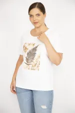 Kadın Kemik Büyük Beden Pamuk Kumaş Bisiklet Yakalı Kısa Kollu Ön Baskılı Bluz