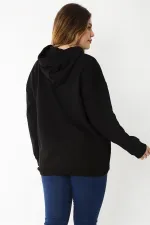 Women's Plus Size Black Embroidered Inside and Hooded Detailed Sweatshirt 65N37203
