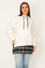 Kadın Kemik Kapşonlu Etek Ucu Ekose Garnili Sweatshirt 65N31947