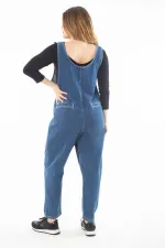 Kadın Büyük Beden Mavi V Yakalı Cepli Kot Tulum 65N37321