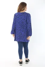 Kadın Büyük Beden Saks Önü A Pileli V Yakalı Bluz 65N37467