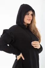 Kadın Büyük Beden Siyah İçi Şardonlu Üç İplik Kol Detaylı Kapşonlu Sweatshirt 65N37299