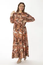 Kadın Büyük Beden Renkli Dokuma Viskon Kumaş Ön Boy Düğmeli Etek Ucu Katlı Elbise 65N37087