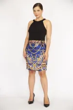 KADIN SİYAH HALTER YAKA SÜS DÜĞMELİ ETEĞİ DESENLİ ELBİSE