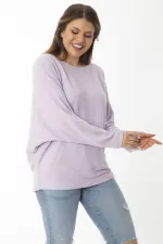 Kadın Büyük Beden Lila Yarasa Kol Kendinden Çizgili Yün Viskon Bluz 65N37007