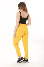 Kadın Büyük Beden Sarı Kuşgözü Bağcık Ve Lastikli Fermuarlı Cep Detaylı Spor Pantolon 65N37567