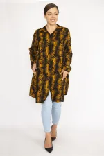Kadın Büyük Beden Hardal Ön Düğmeli Uzun Kollu Gömlek