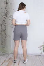 Kadın Gri Beli Lastik Ve Kuşgözü Bağcık Detaylı Cepli Pamuklu Kumaş Şort 65N23748
