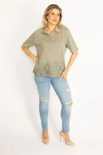 Kadın Haki Polo Yaka Pat Düğmeli Sim Ve Taş Detaylı Bluz 65N34521