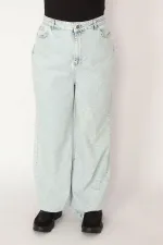 KADIN MAVİ SİLİK BASKILI MOM JEAN PANTOLON